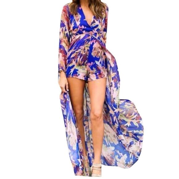 Hot Miami Styles v-neck Floral Print Chiffon Maxi Dress Romper Jumpsuit | M - Picture 1 of 15